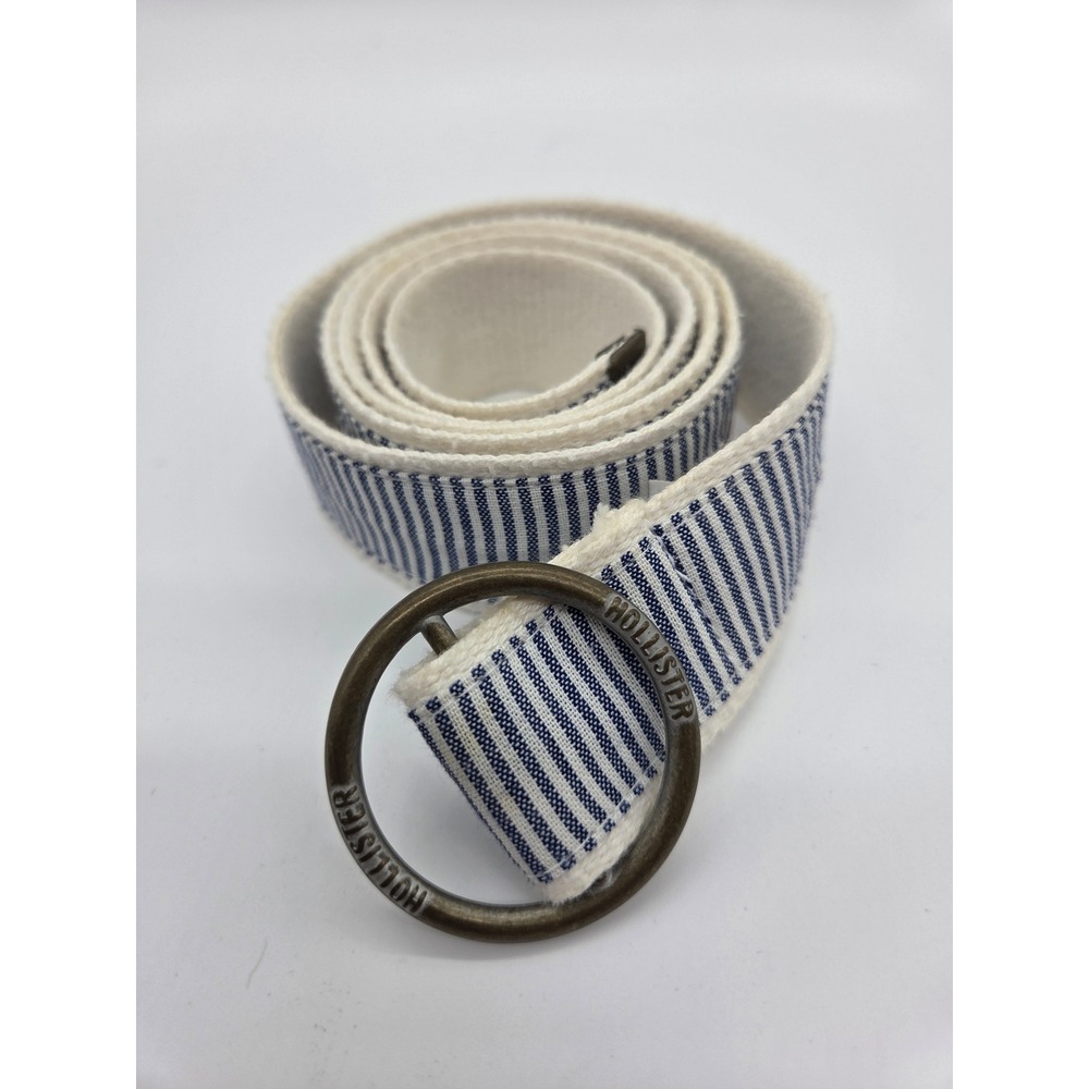 Hollister D-Ring Belt 41 Blue White Striped Mens Cotton Canvas Seagull Logo
